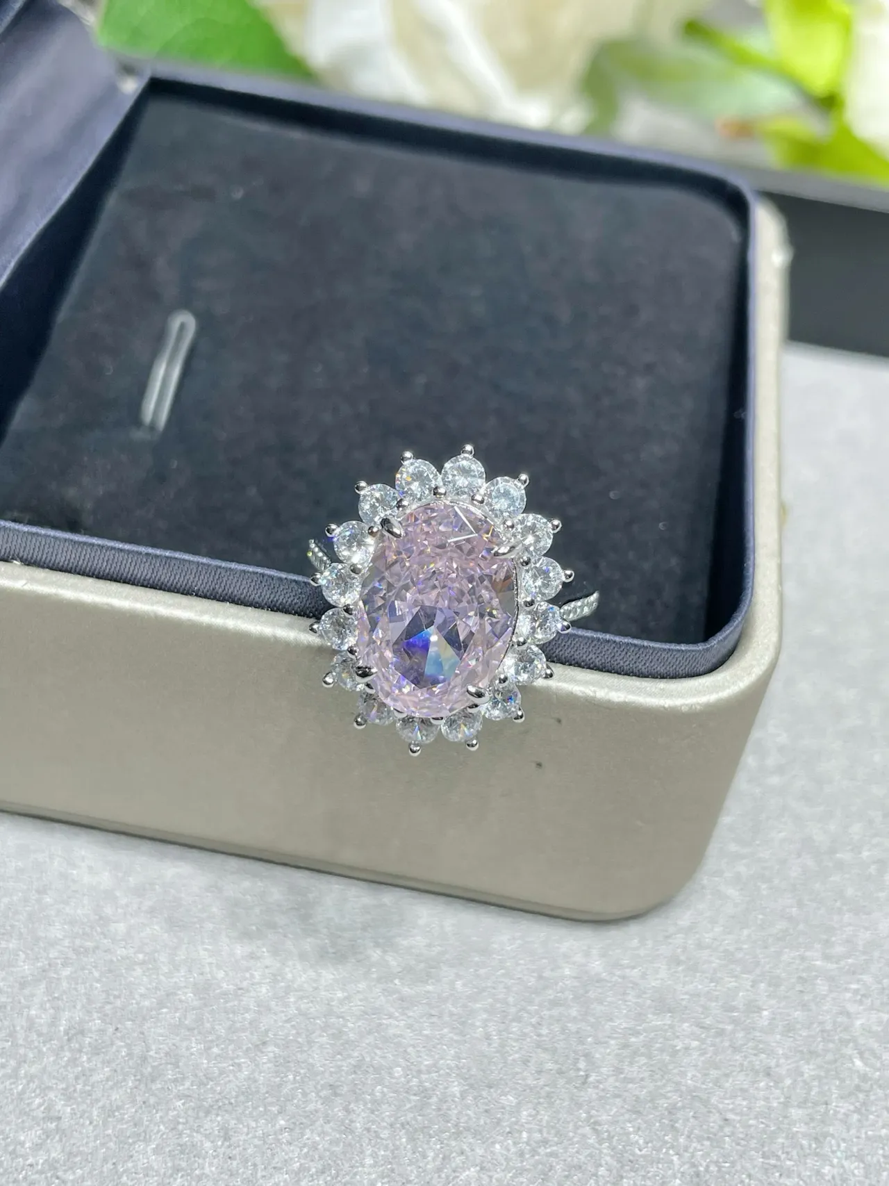 Oval Pink Halo Cluster Stud Earrings