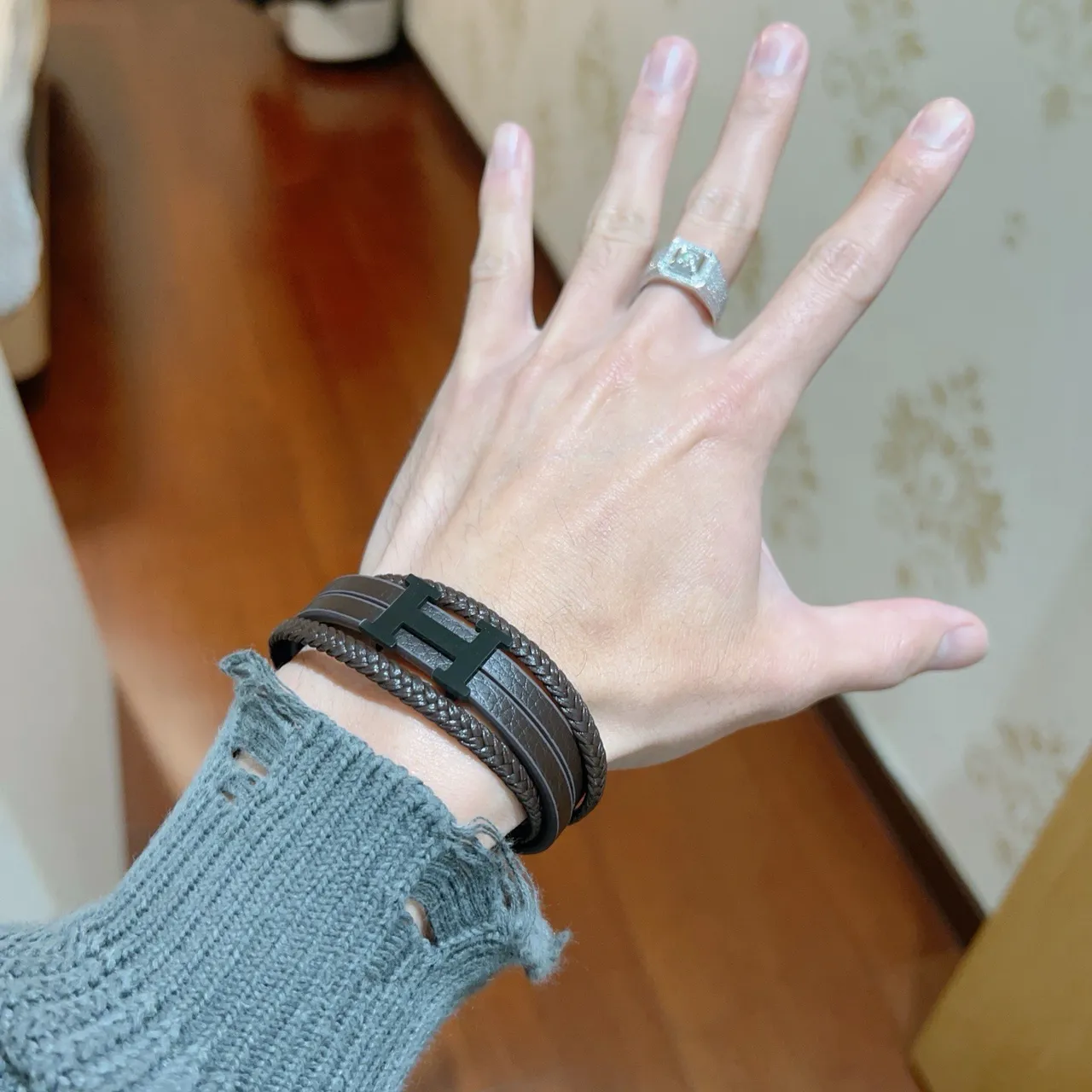 Hermès Brown Black Braided Leather Double-Wrap Bracelet
