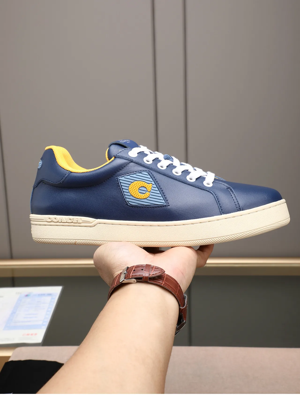 Coach Navy Yellow Leather Upper Contrast Collar Sneakers