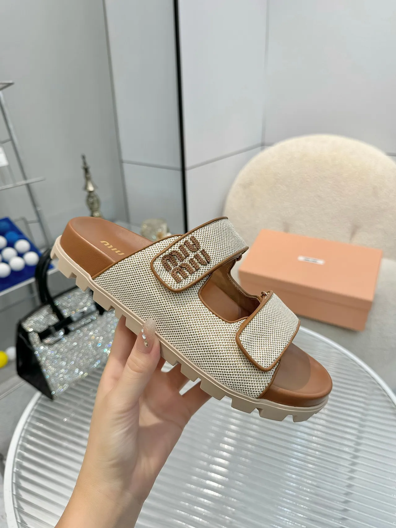 Miu Miu Wander Double-Strap Woven Mesh Slippers