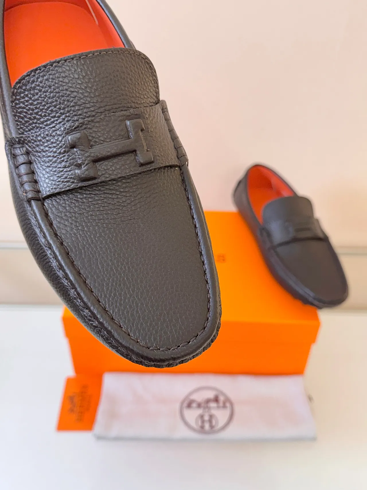 Hermès Oran Brown Orange Pebbled Leather H-Buckle Strap Loafer