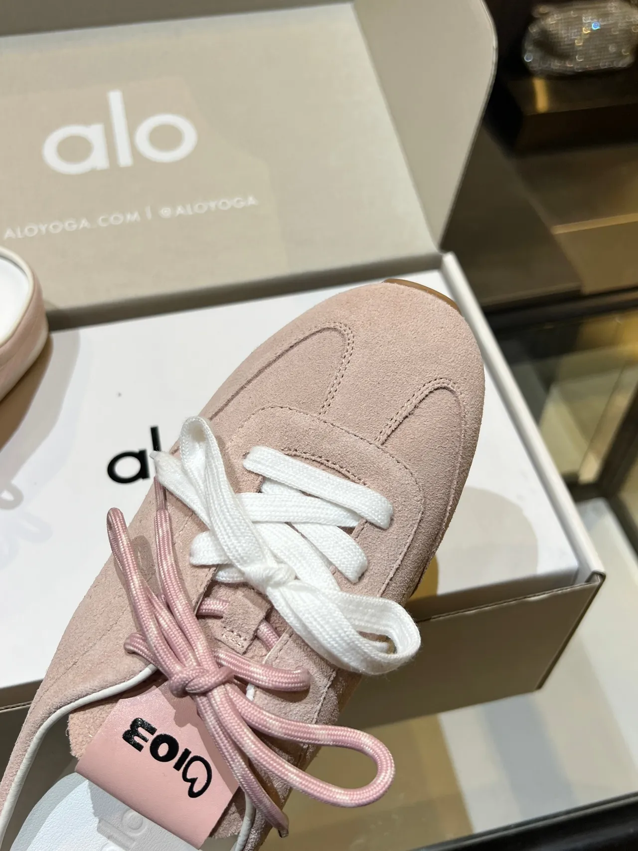 Alo Pink White Suede Upper Dual-Tone Laces Sneakers