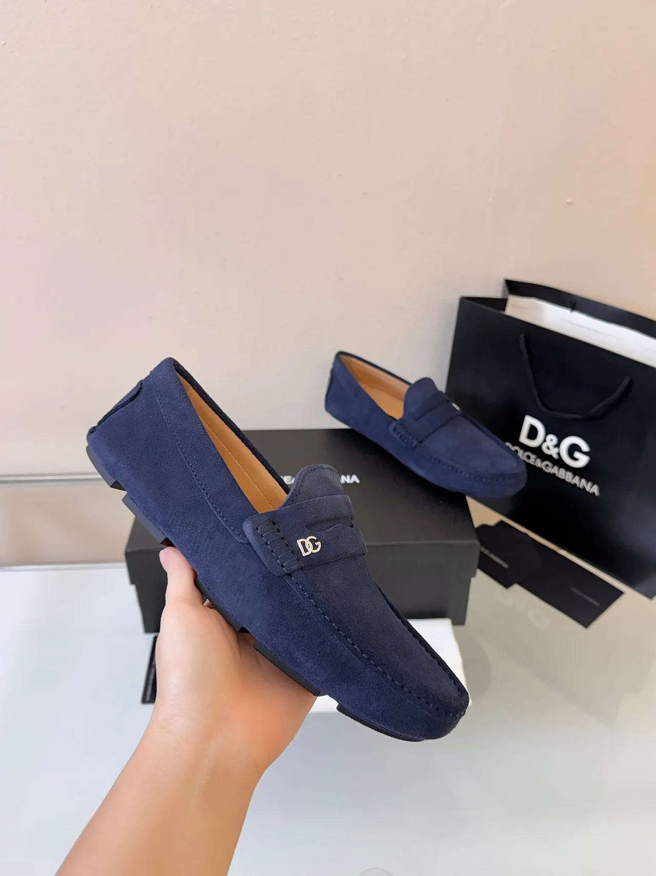 Dolce & Gabbana Penny Loafer Navy Beige Suede Strap Loafer