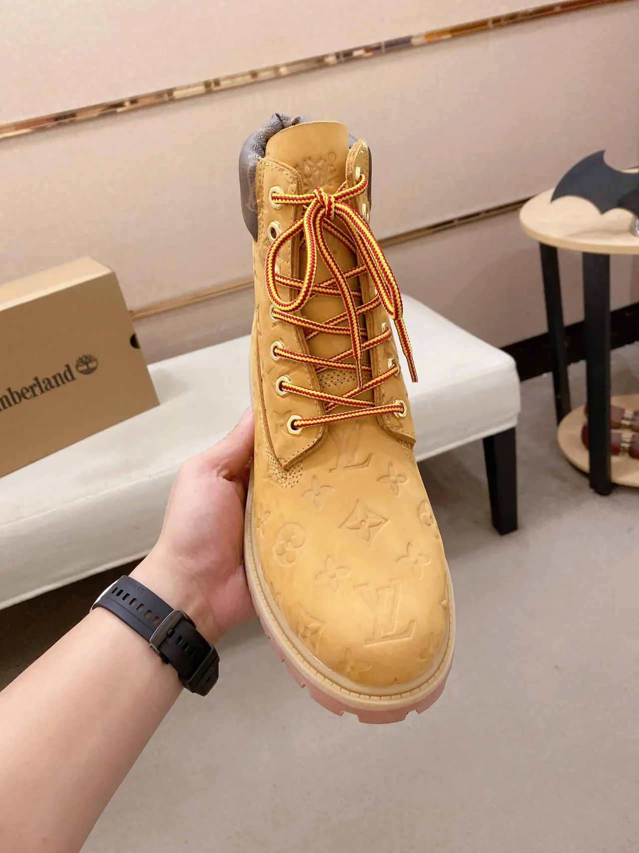 Louis Vuitton Monogram-Embossed Boot Beige Pink High-Top Lace-Up Work Boots