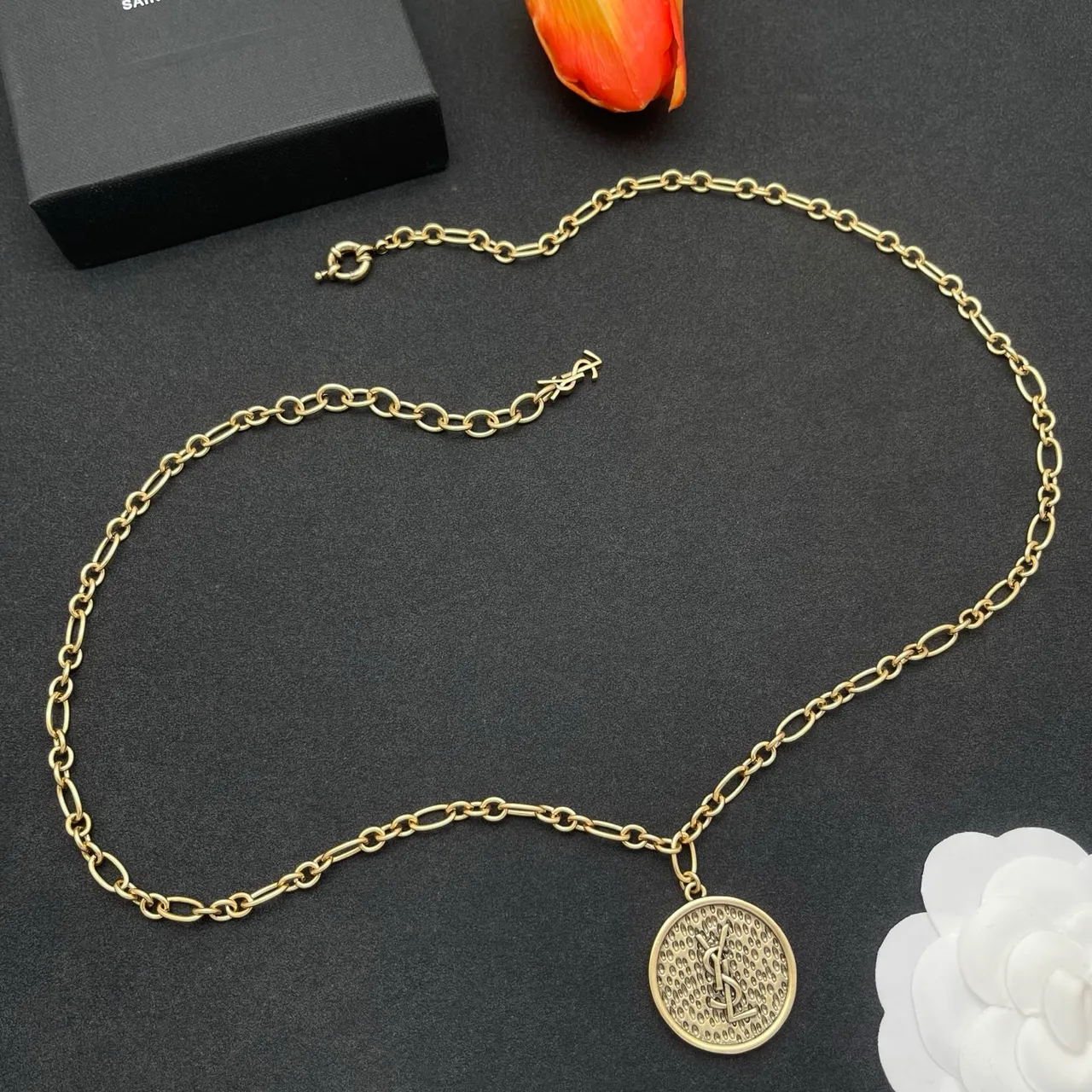 Saint Laurent Gold Silver Chunky Oval-Link Chain Circular Textured Pendant Necklace