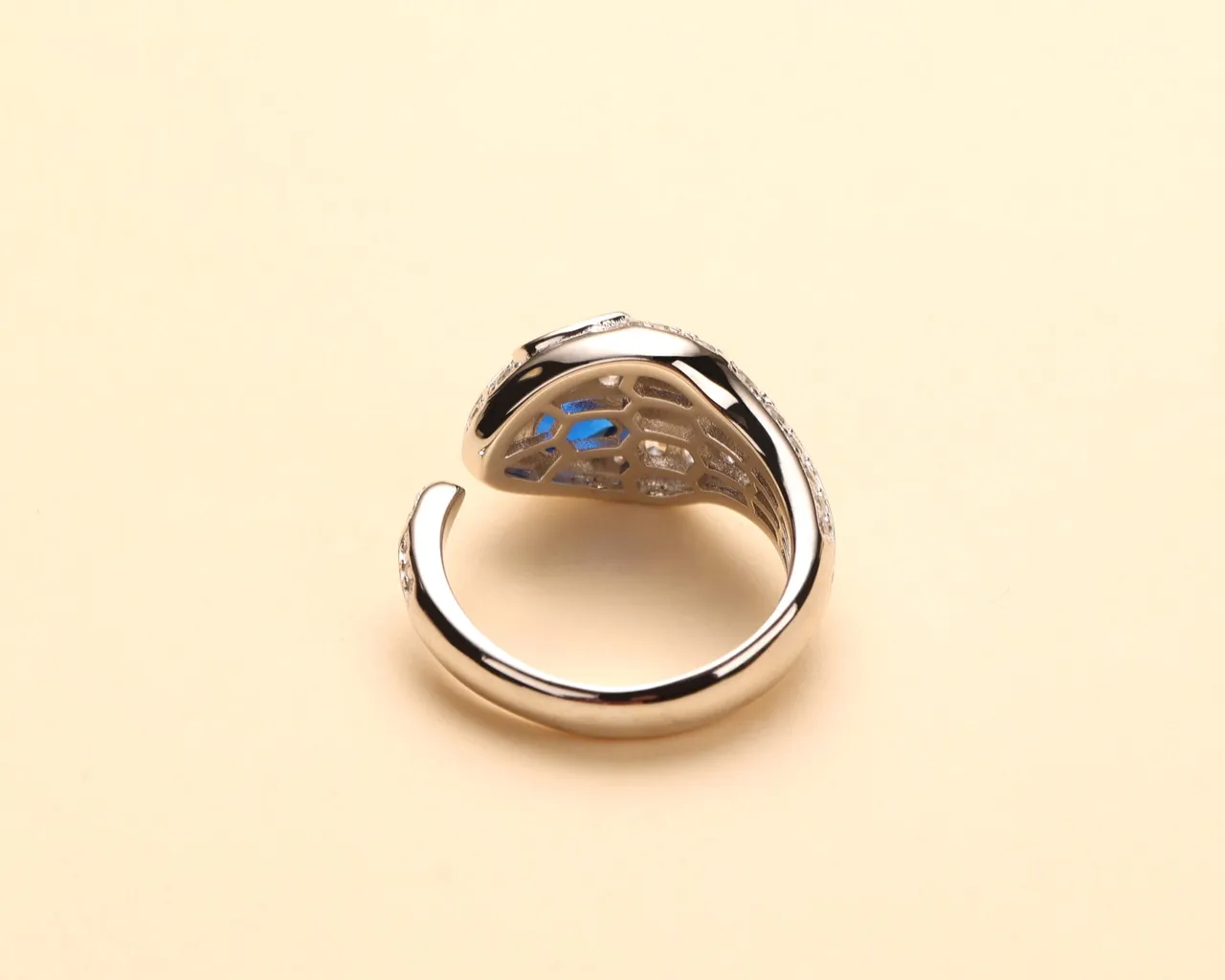Gold Blue Snake Motif Pavé-Set Scales Ring