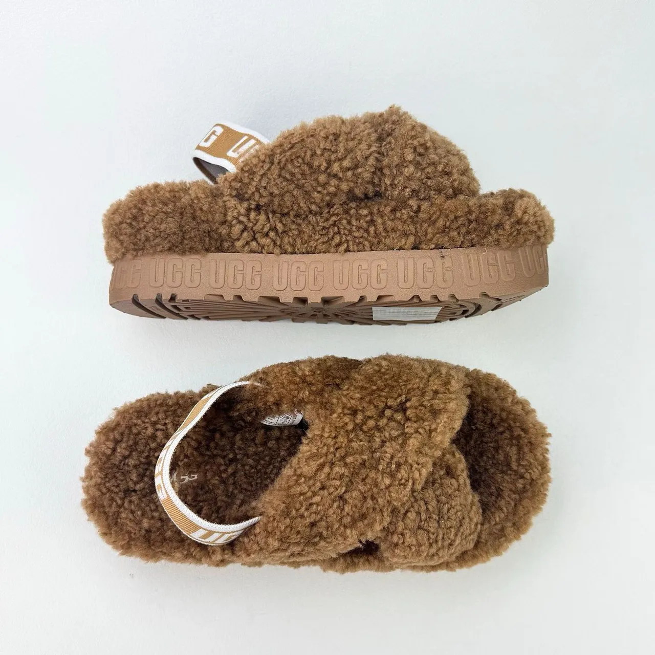 UGG Tasman Brown Fuzzy Cross-Strap Platform Slippers