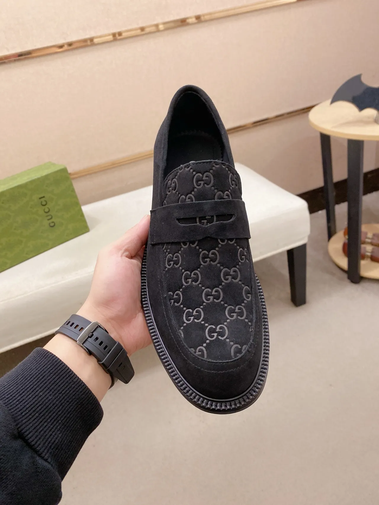 Gucci Black Green Suede Upper GG Monogram Print Loafer