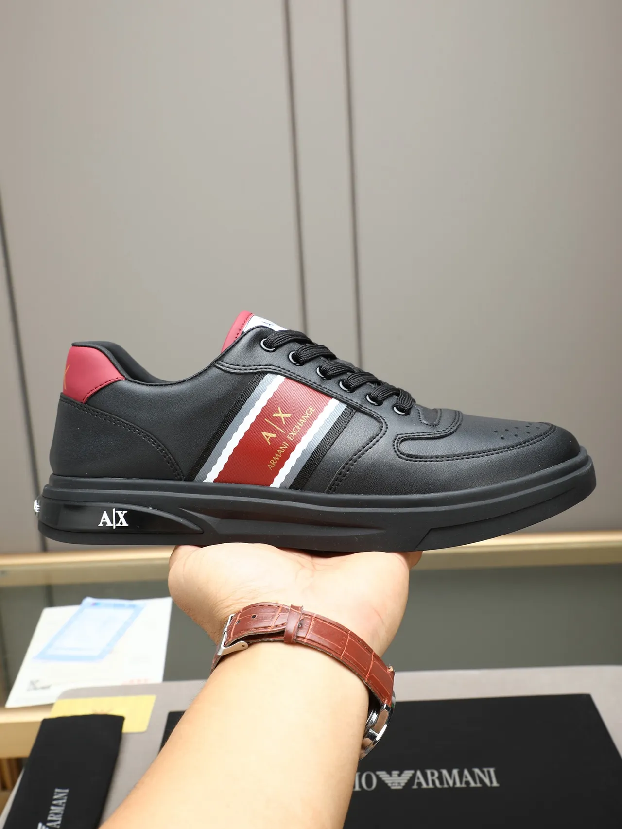 Armani Exchange Black and Red Stripe Lifestyle Sneakers