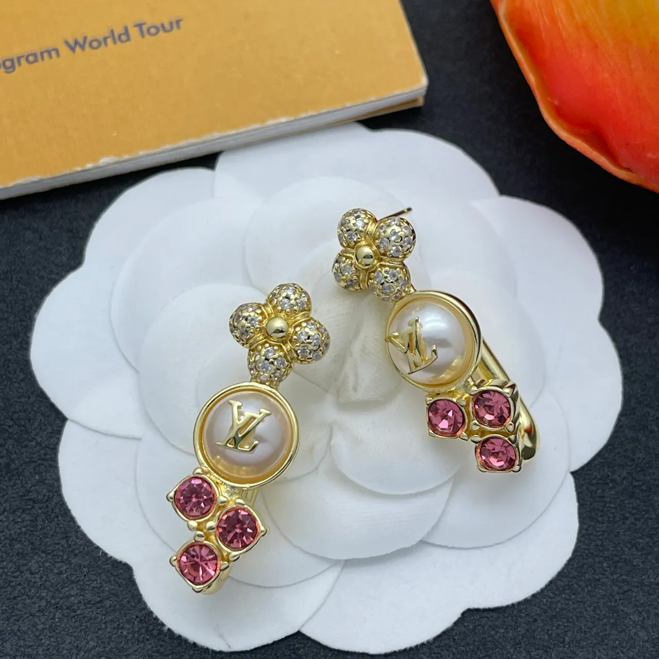 Louis Vuitton Gold Pink Floral-Top Pearl-Drop Earrings