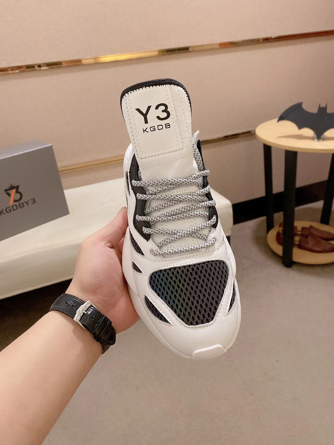 Y-3 Kobo White Black Sculpted Midsole Mesh-and-Leather Overlay Chunky Sneakers