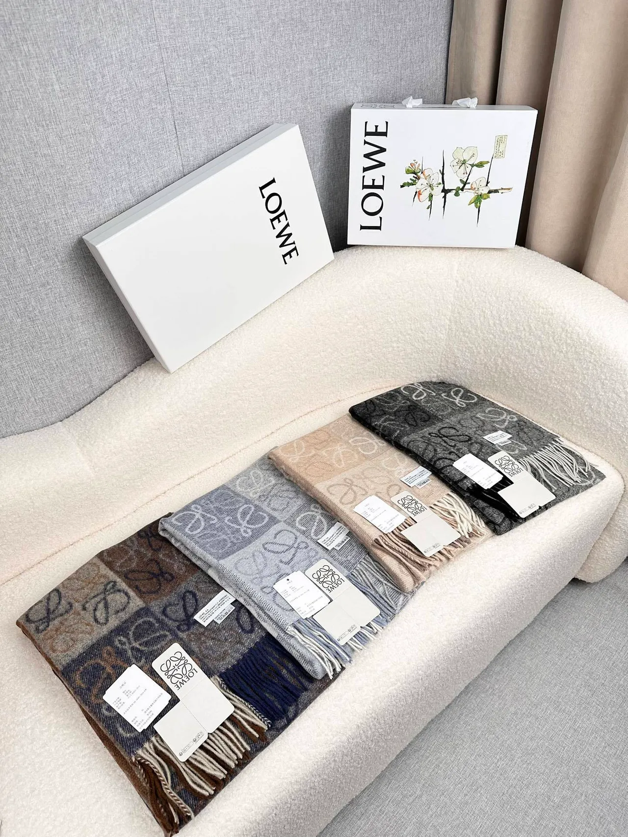 Loewe Monogram Jacquard Navy and Beige Cashmere Scarf