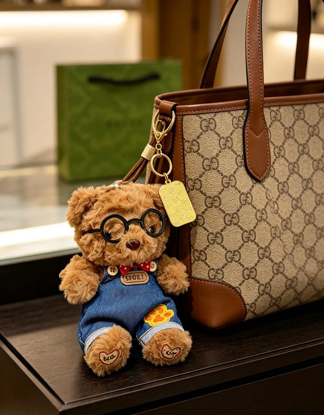Gucci Brown Blue Plush Teddy Bear Denim Overalls Handbag