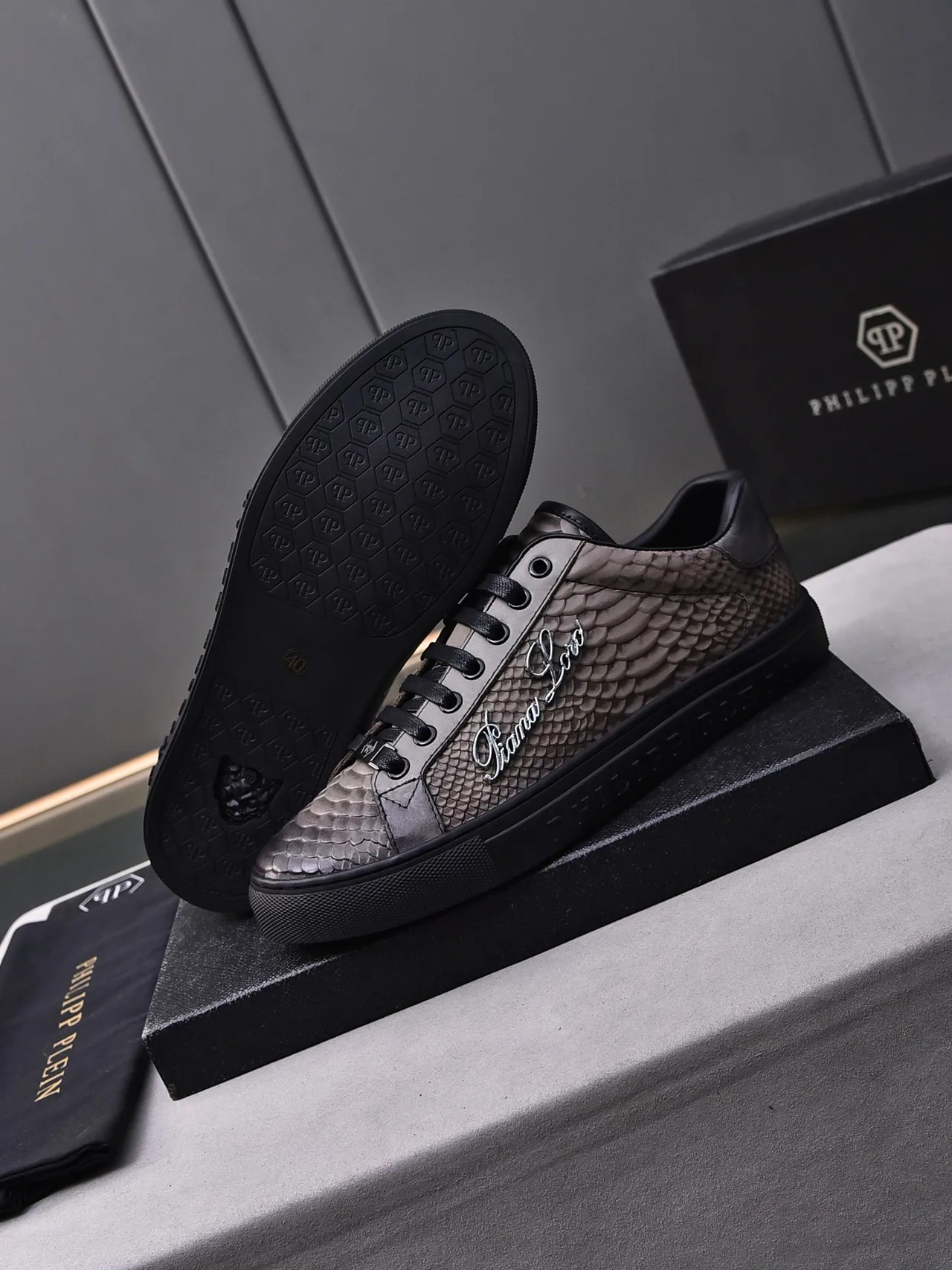 Philipp Plein Snakeskin-Textured Gray and Black Lifestyle Sneakers