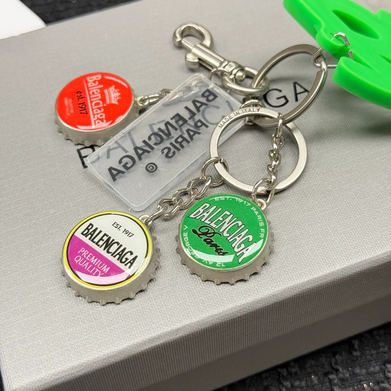 Balenciaga Multi-Charm Keychain Green Silver Cursive Resin Pendant Bracelet