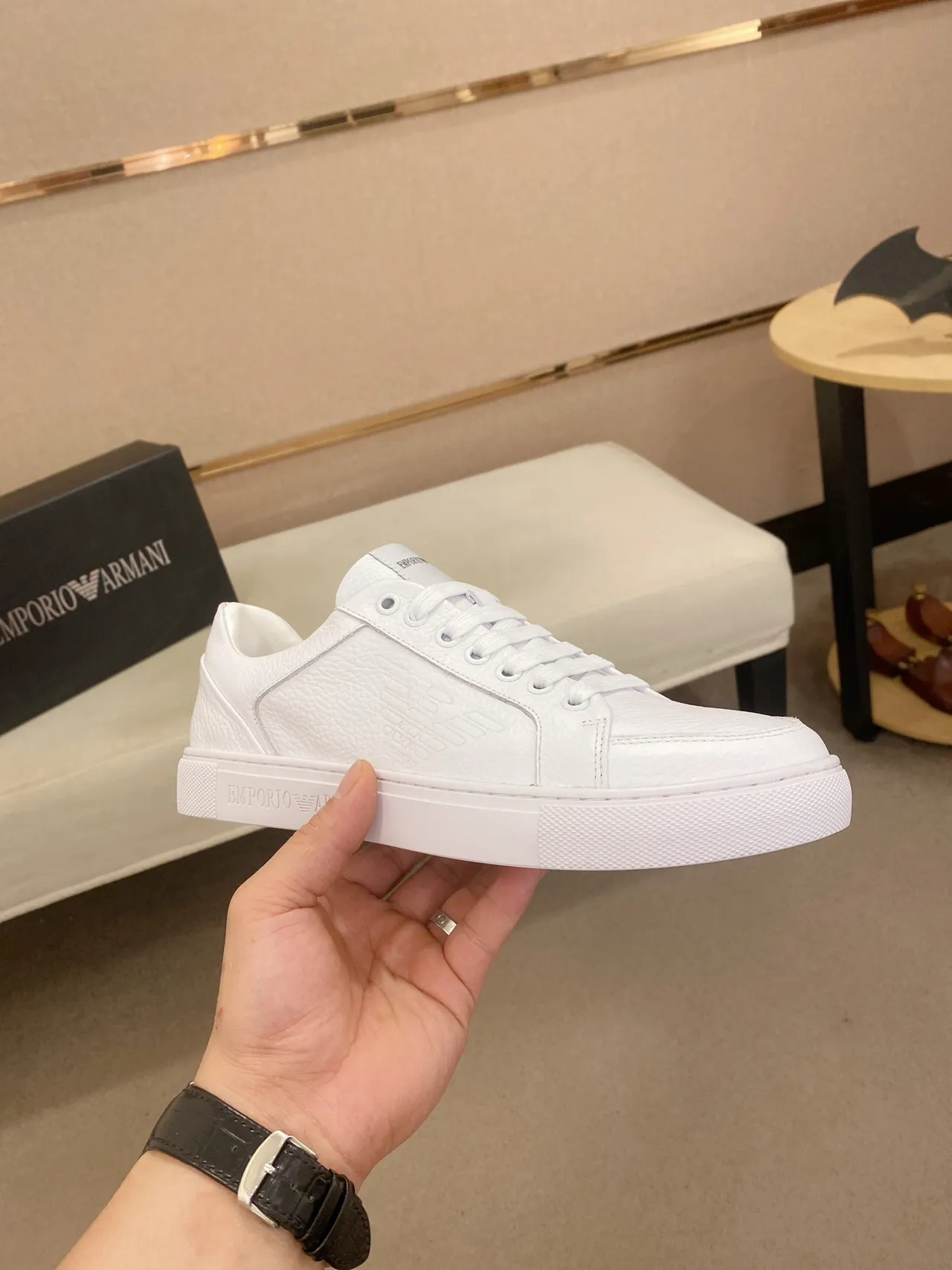 Emporio Armani Lifestyle Sneaker White Low-Top Textured Leather Lifestyle Sneakers