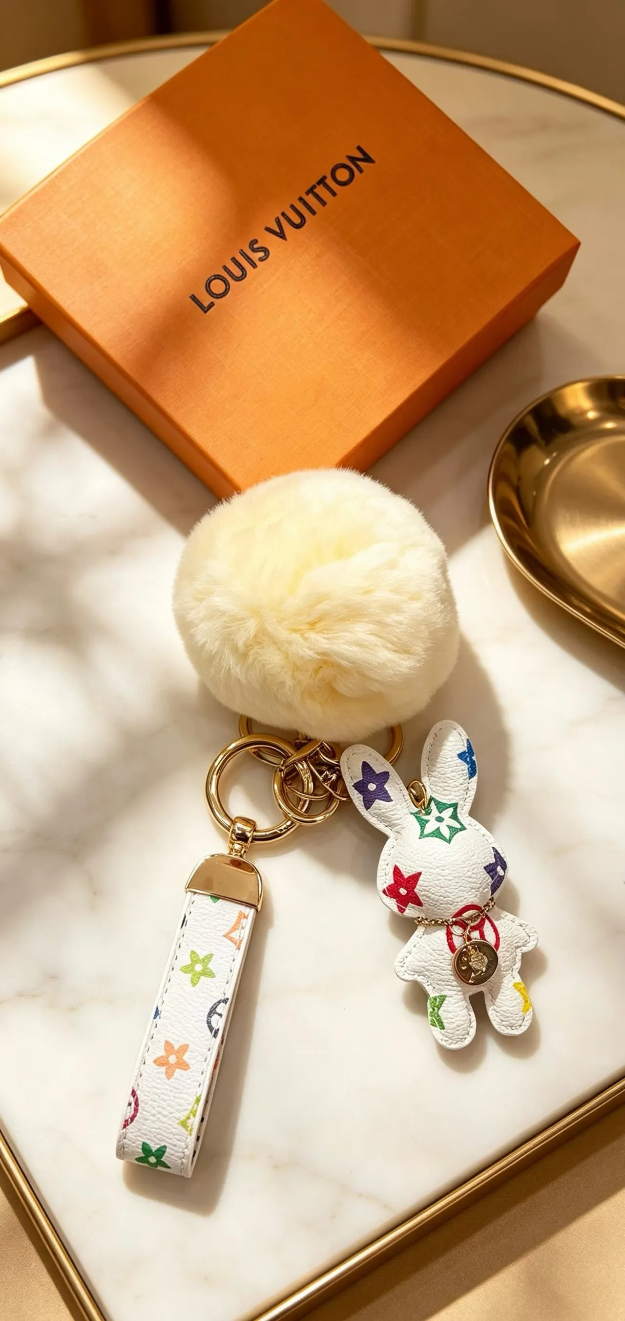 Louis Vuitton Multicolor Beige Monogram Leather Cream Faux-Fur Pom-Pom Phone Accessory