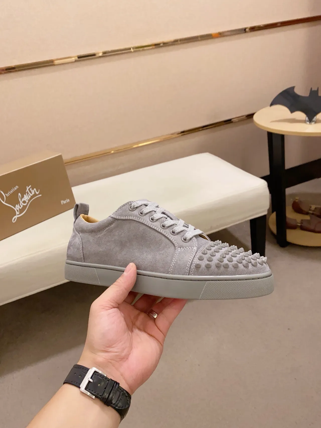 Christian Louboutin Gray Beige Suede Upper Spiked Toe Cap Lifestyle Sneakers