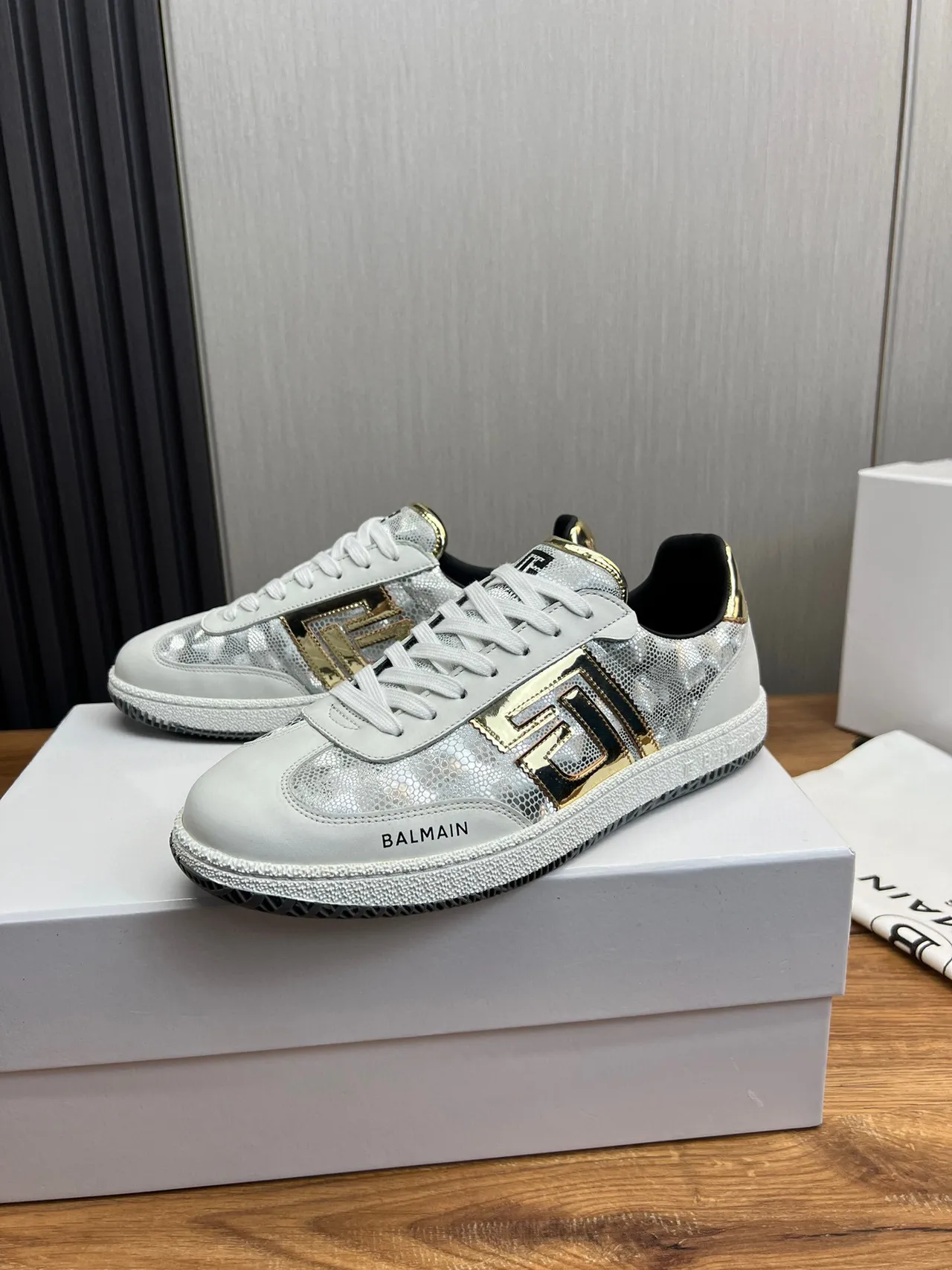 Balmain B-Court White Silver Gold Metallic Lifestyle Sneakers