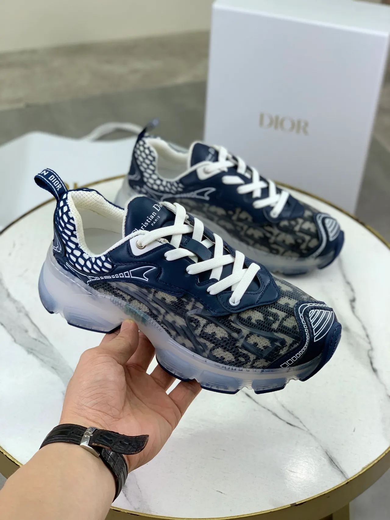 Dior Navy White Transparent Sole Monogrammed Mesh Upper Chunky Sneakers