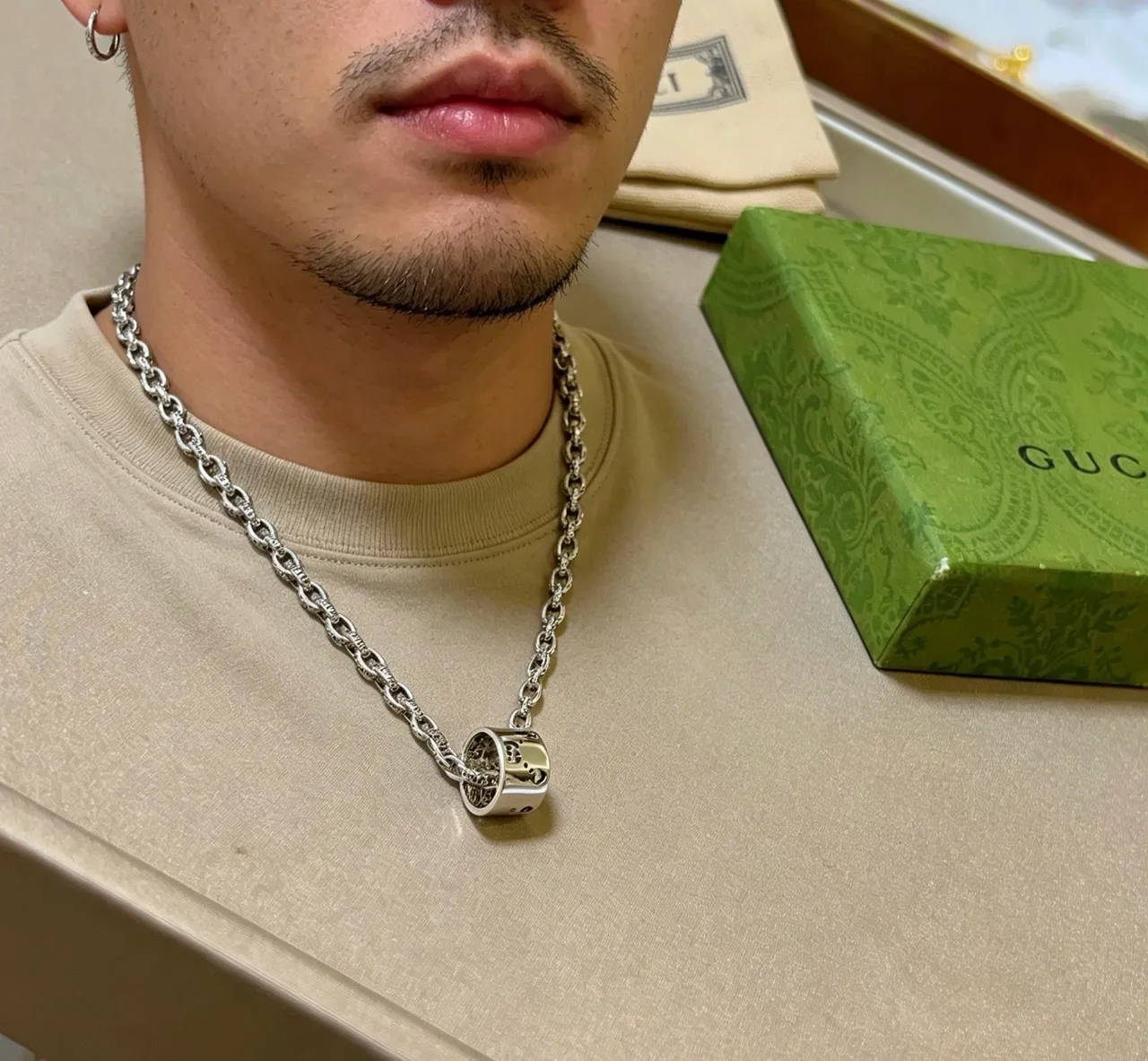 Gucci Silver Engraved Link Chain Necklace