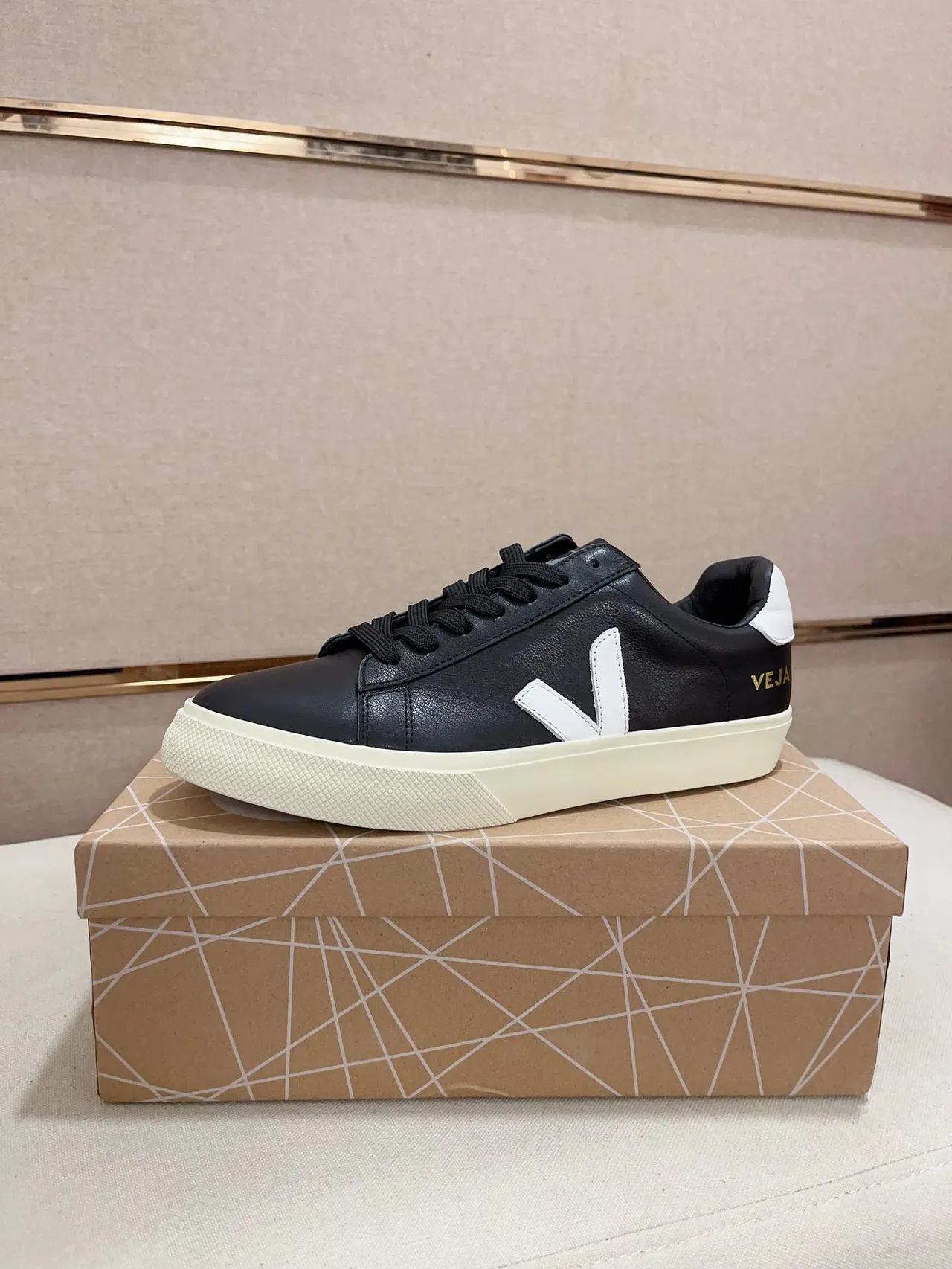VEJA Black White Leather Upper V Logo Lifestyle Sneakers