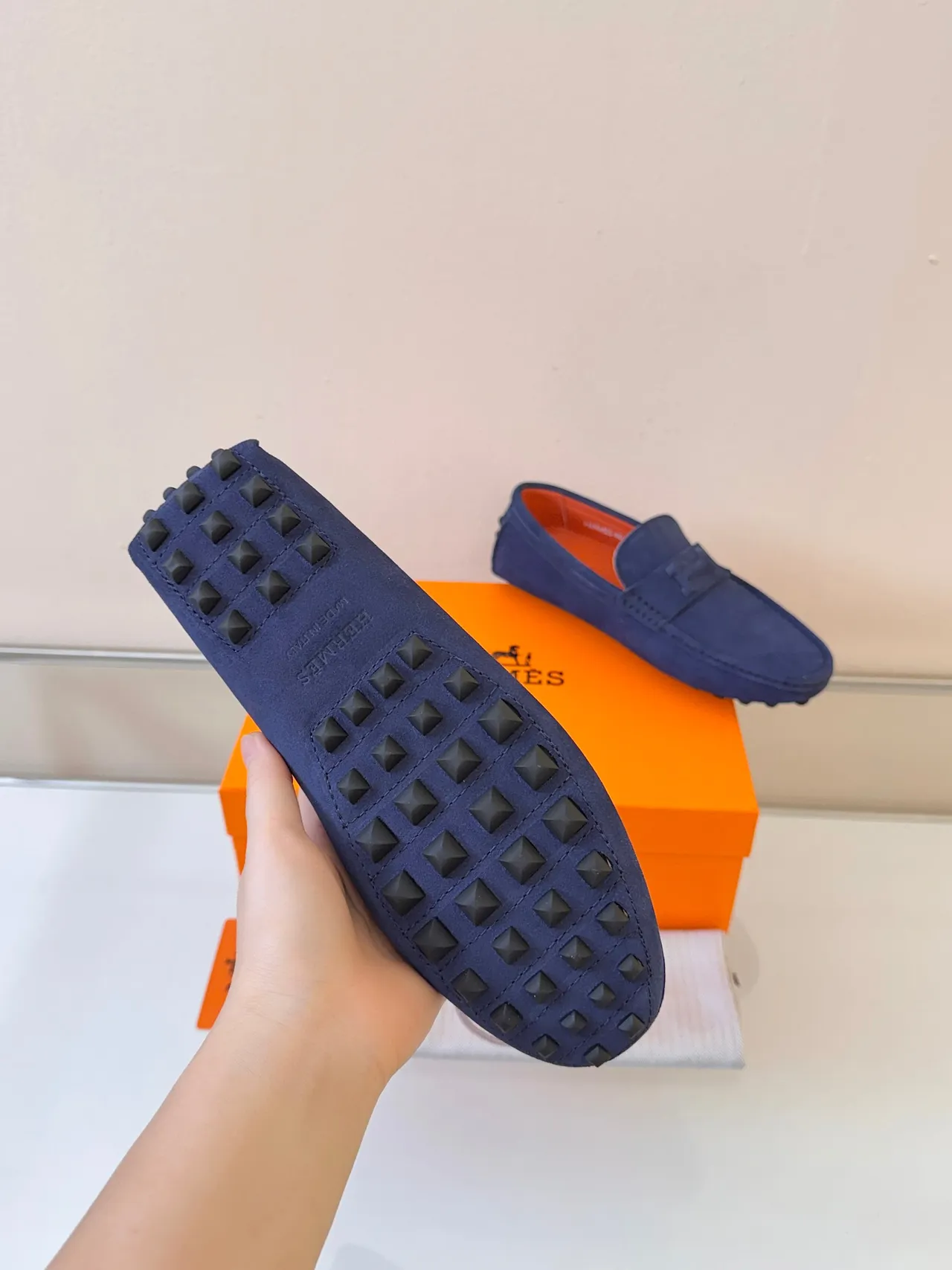Hermès H-Strap Loafer Navy Orange Suede Upper Detail Loafer