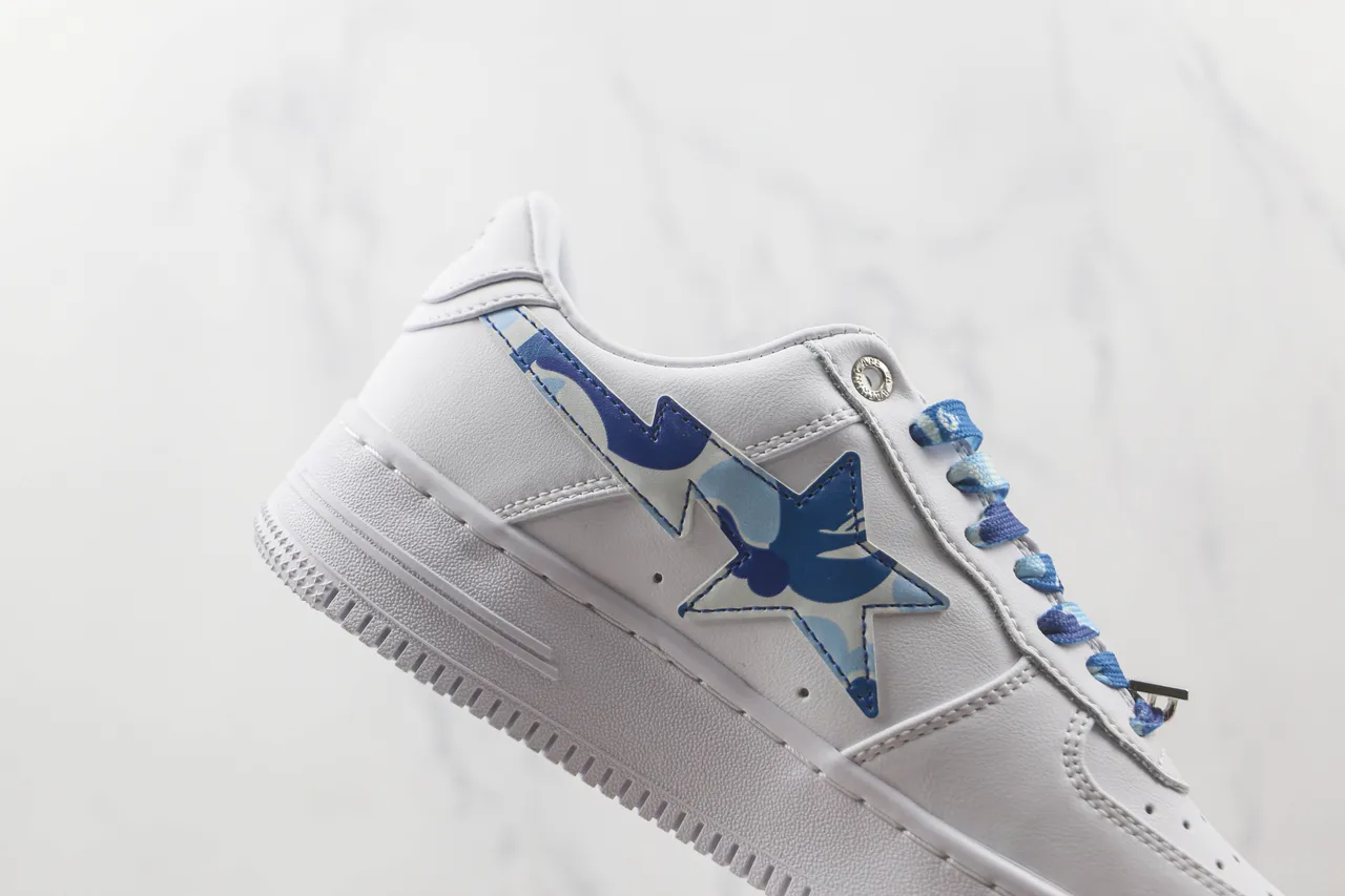 A Bathing Ape White Blue Leather Upper Camo Star Logo Lifestyle Sneakers