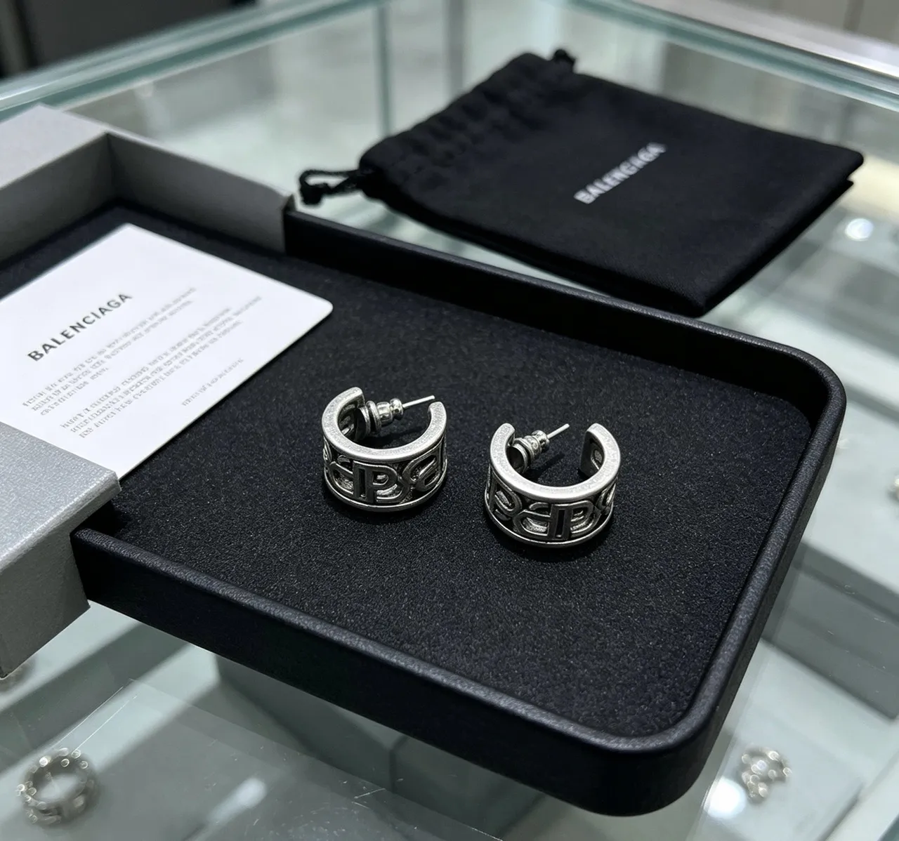 Balenciaga Logo-Integrated Hoop Silver Black Metallic Earrings