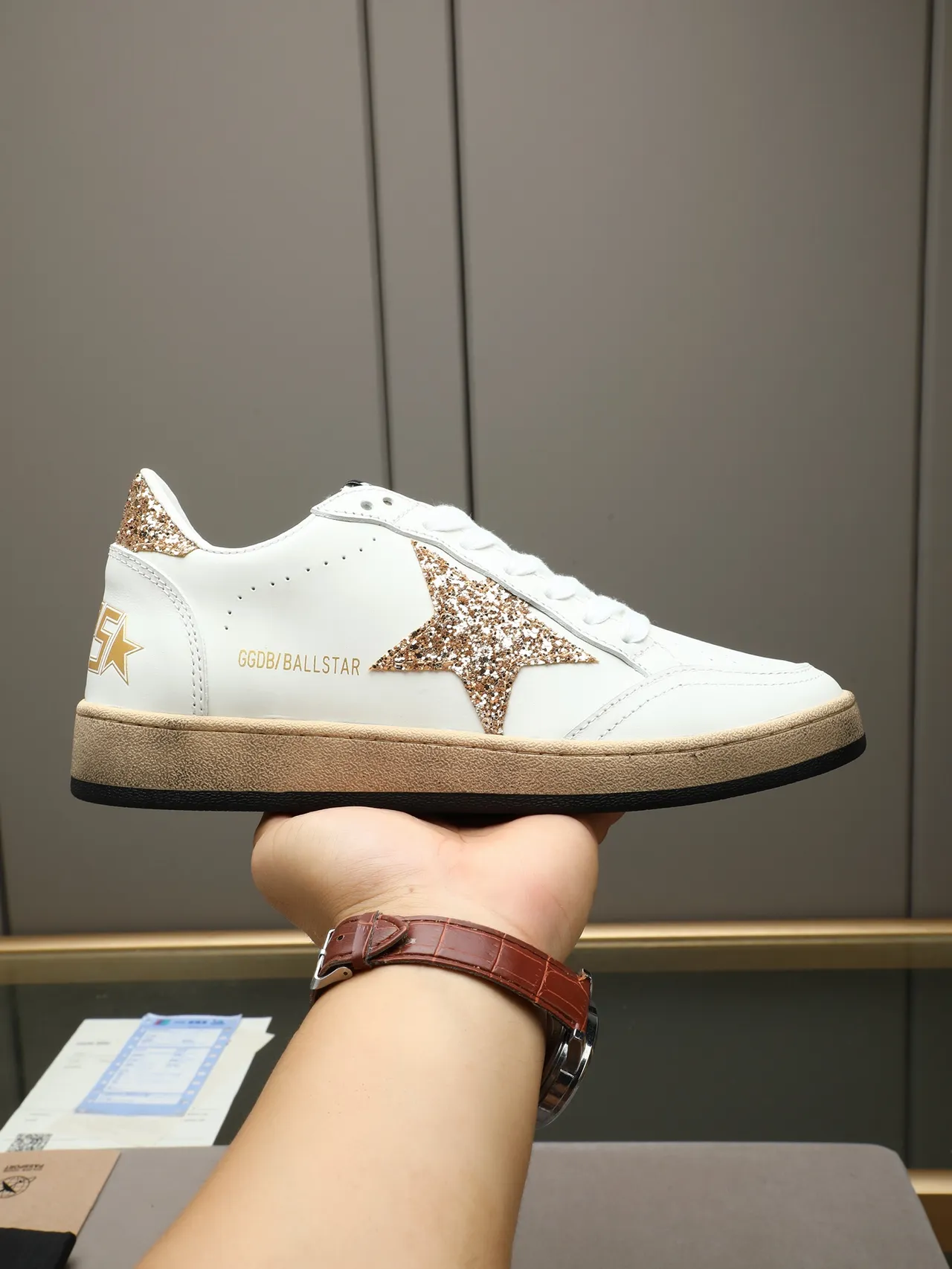 Golden Goose Ball Star White Leather Glitter Gold Star Lifestyle Sneakers