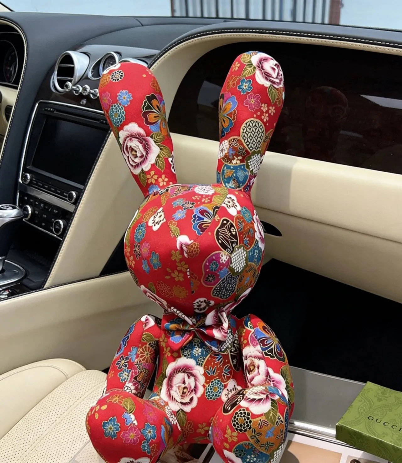 Gucci Red Multicolor Plush Stuffed Rabbit Floral Patchwork Print Handbag