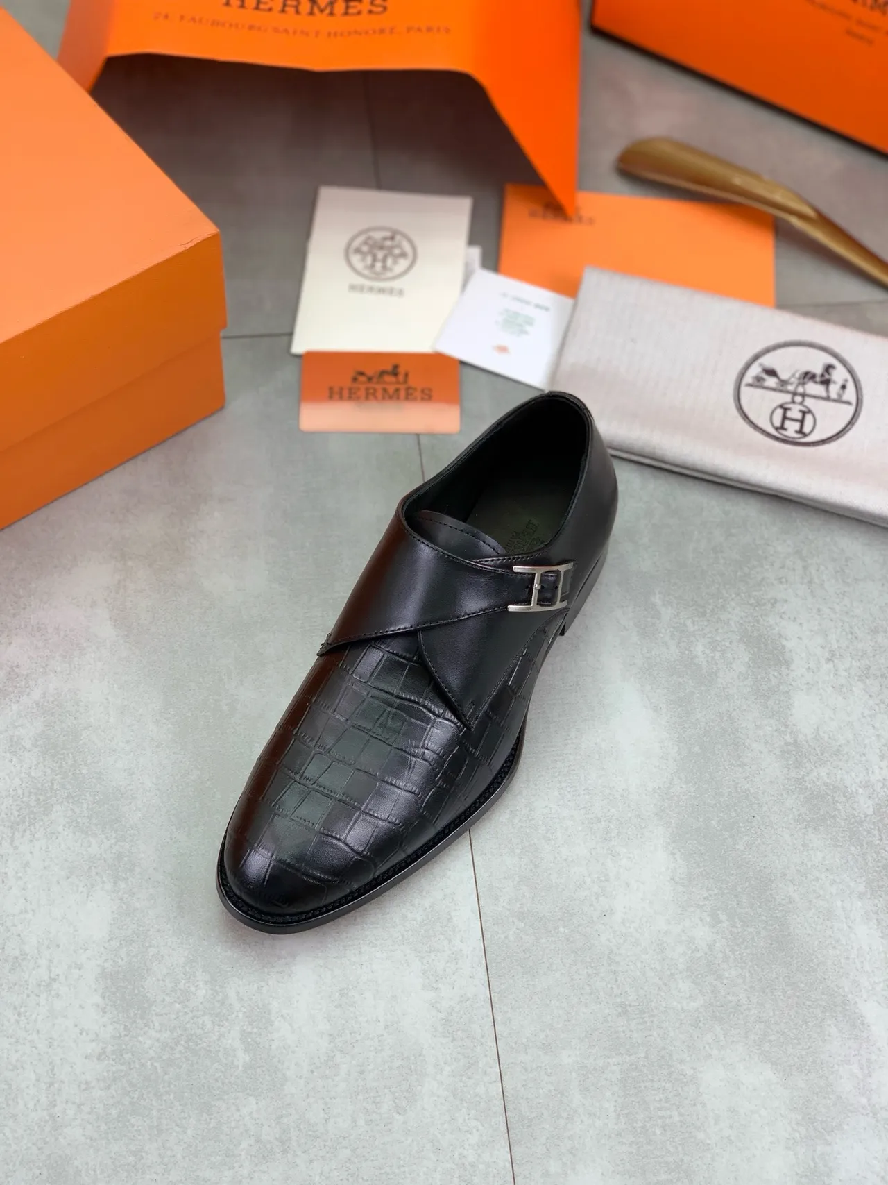 Hermès H-Buckle Monk Shoe Black Crocodile-Embossed Leather Men's Monk Shoes