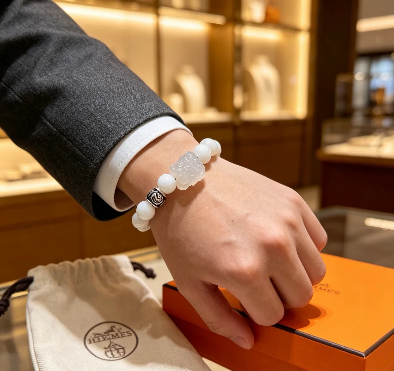 Hermès White Silver Stone Beads Metal Accents Bracelet