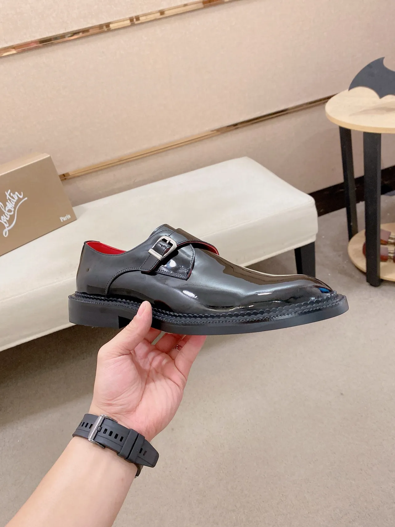 Christian Louboutin Black Red Patent Leather Single Strap Monk Shoes