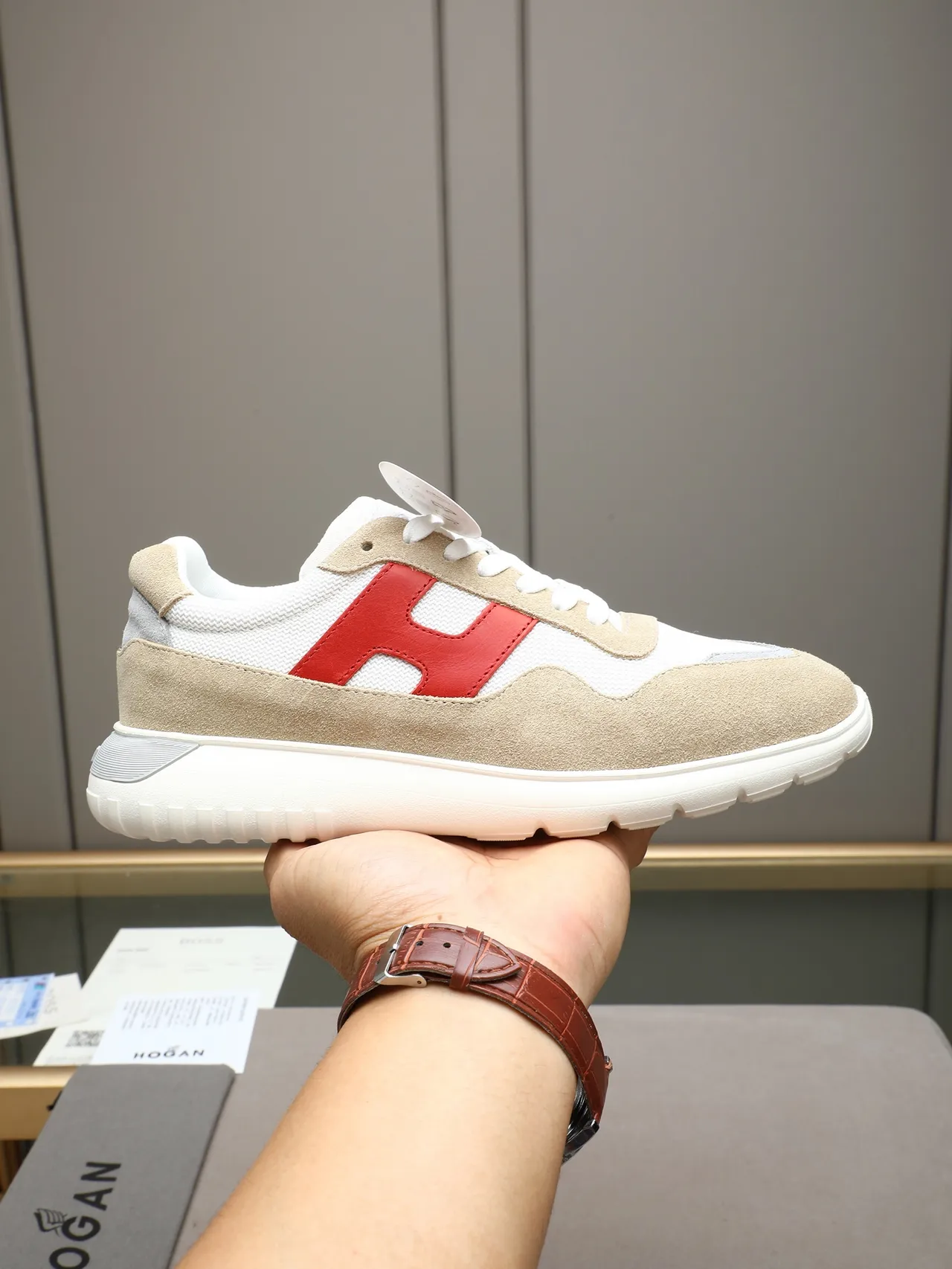 Hogan Beige Red Suede And Mesh Upper Bold 'H' Logo Panel Lifestyle Sneakers