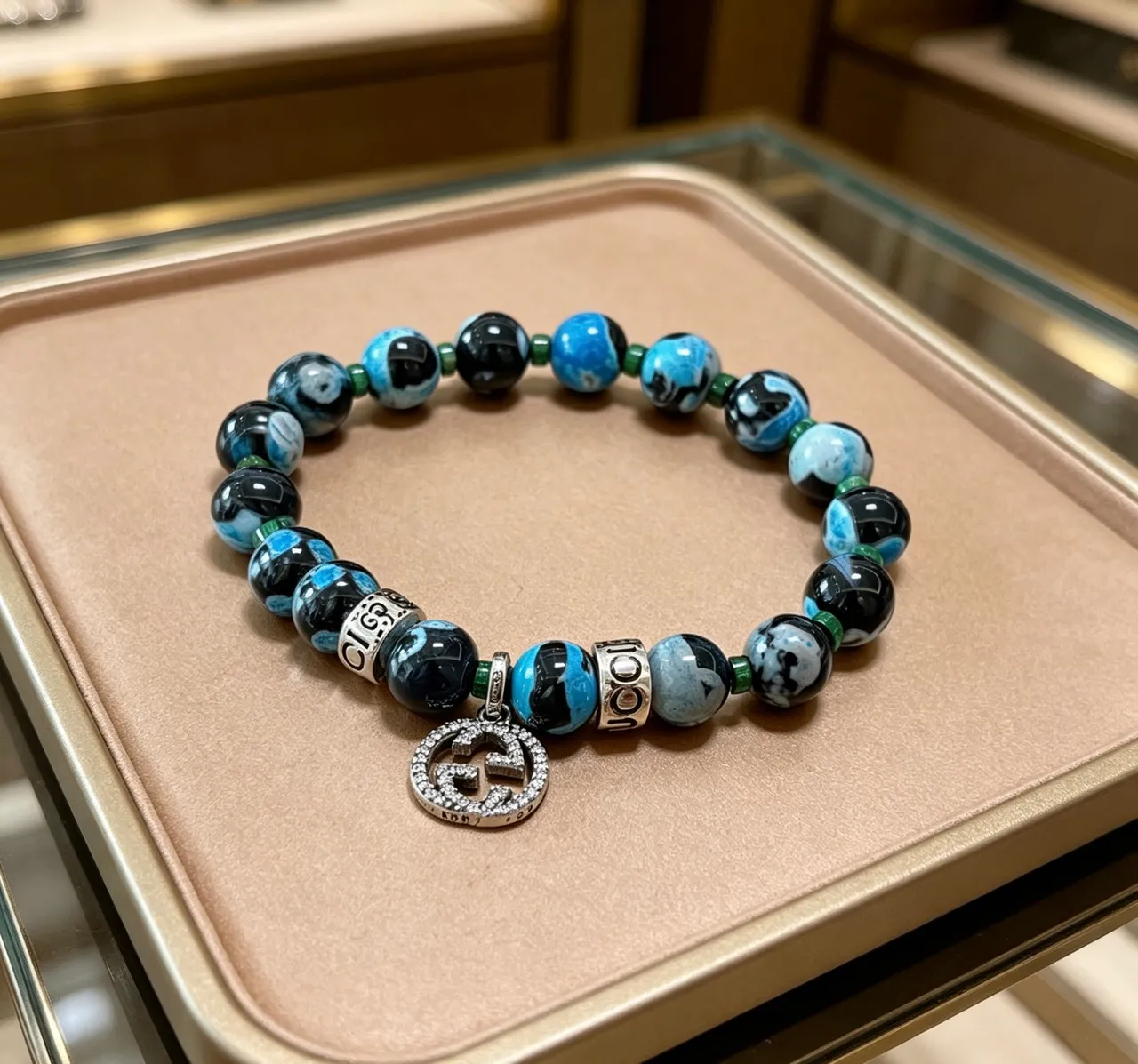 Gucci Blue Black Marbled Agate-Style Beads Pavé Crystal GG Charm Bracelet