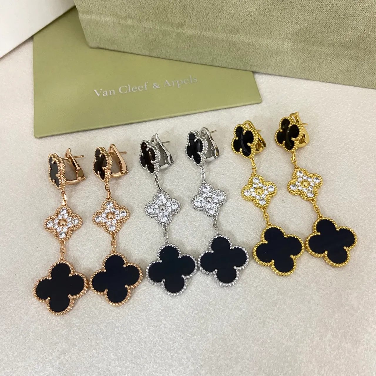 Van Cleef & Arpels Alhambra Multicolor Stone Inlay Dangling Earrings