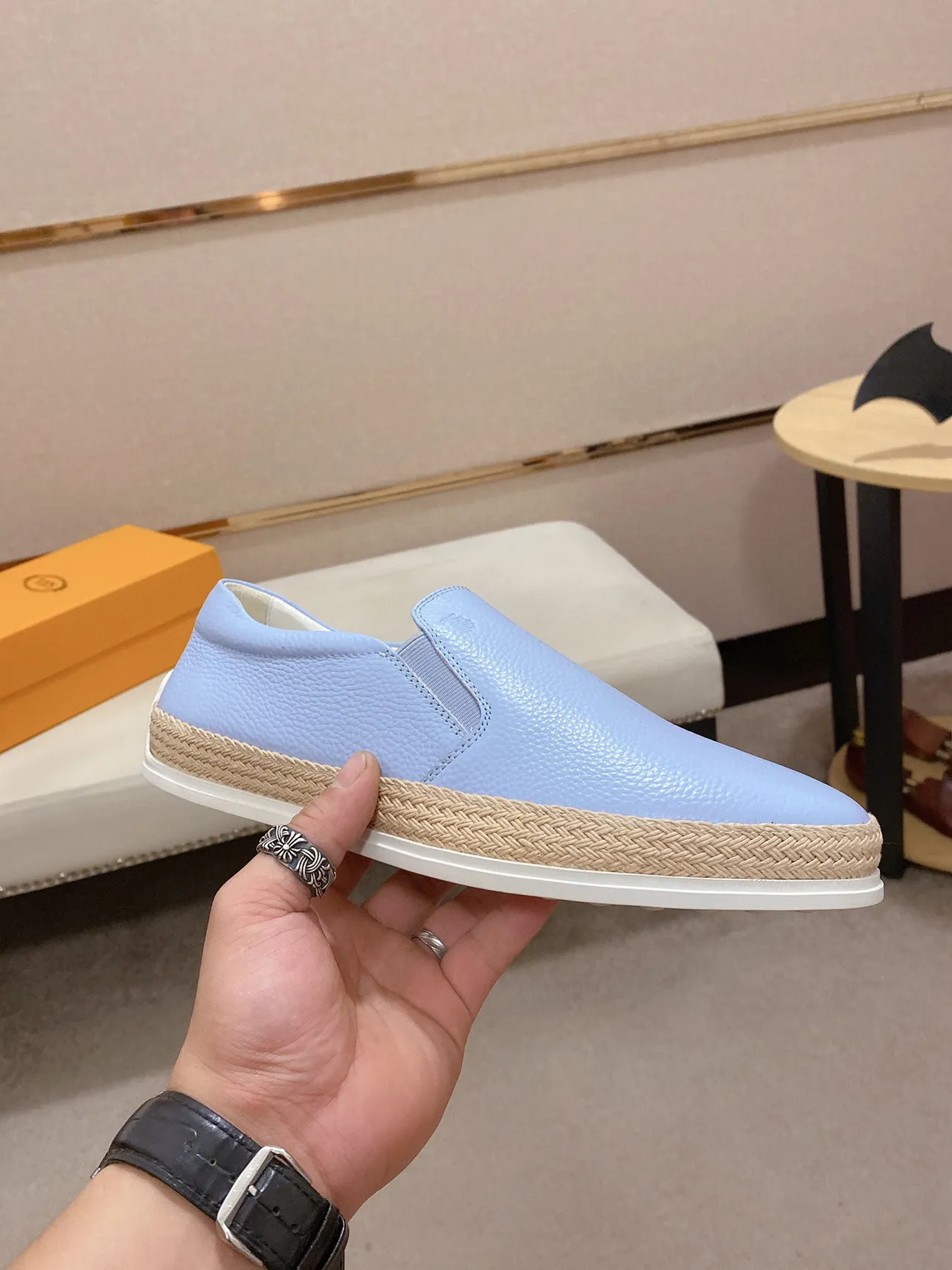 Light Blue Pebbled Leather Slip-On Boat Shoe