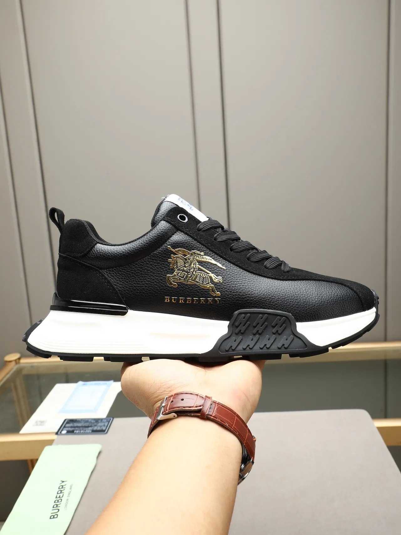 Burberry Knight Black Leather Gold Emblem Lifestyle Sneakers