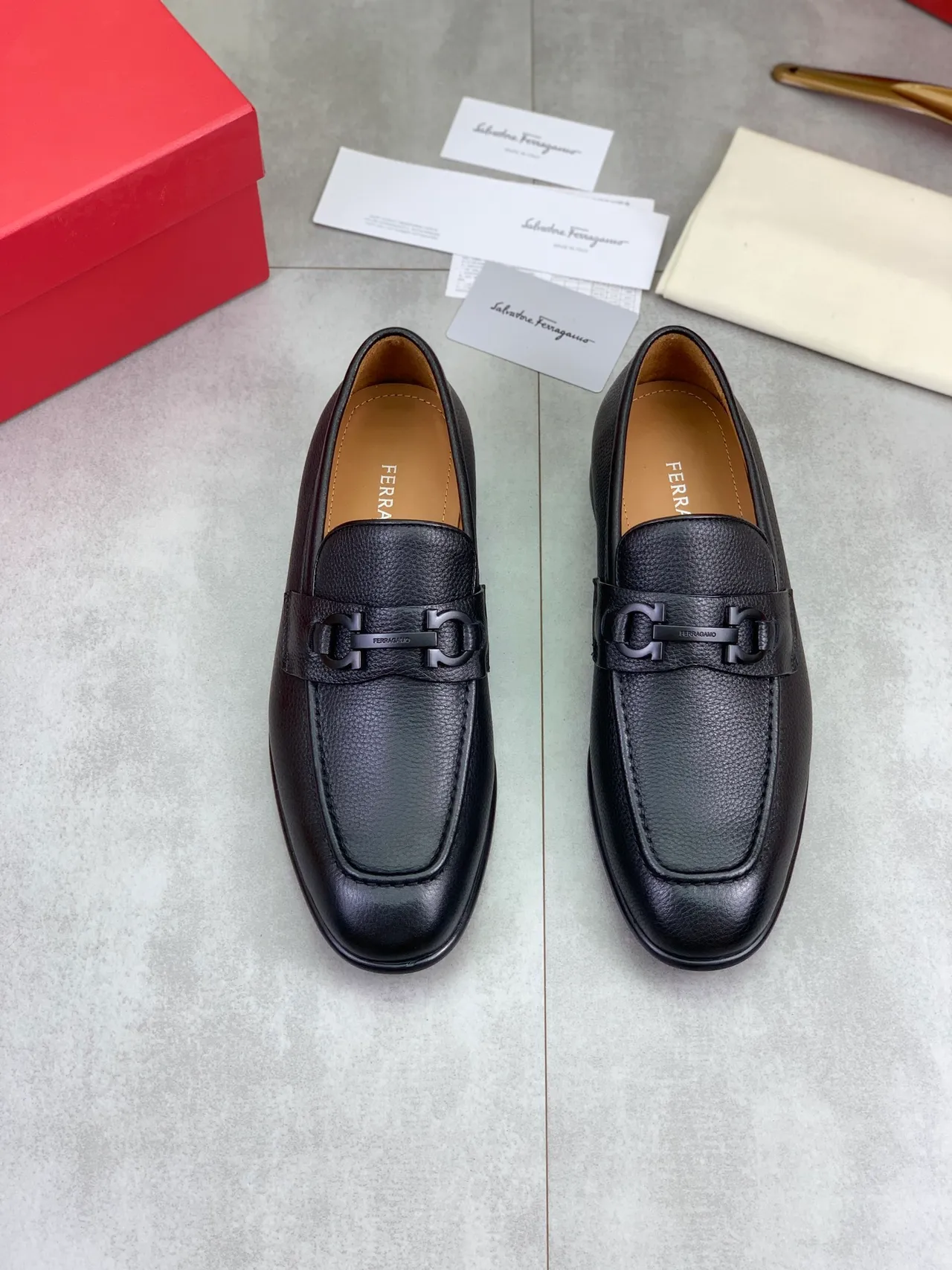 Salvatore Ferragamo Gancini Loafer Black Pebbled Leather Square Toe Loafers