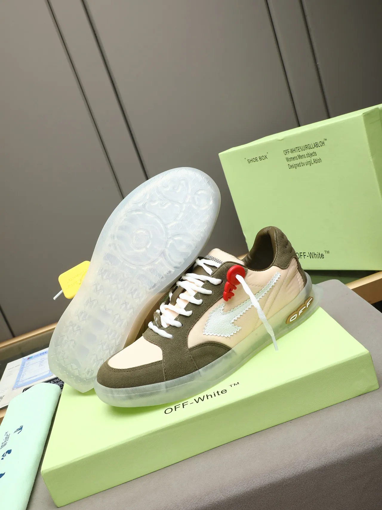 Off-White Army Green Beige Deconstructed Paneling Industrial Zip-Tie Laces Lifestyle Sneakers
