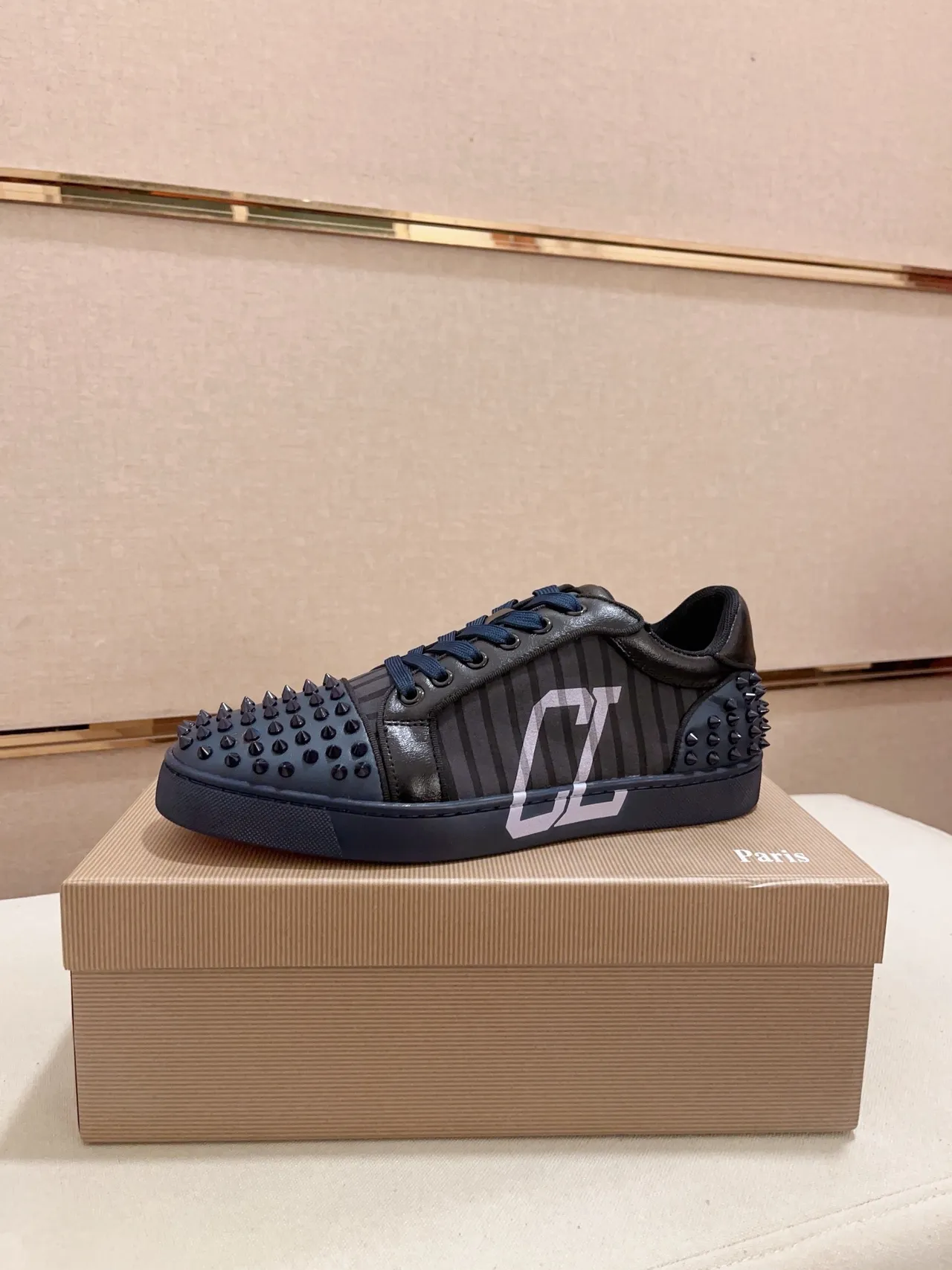 Christian Louboutin Louis Junior Spikes Black Navy Spiked Toe And Heel Striped Side Panel Lifestyle Sneakers