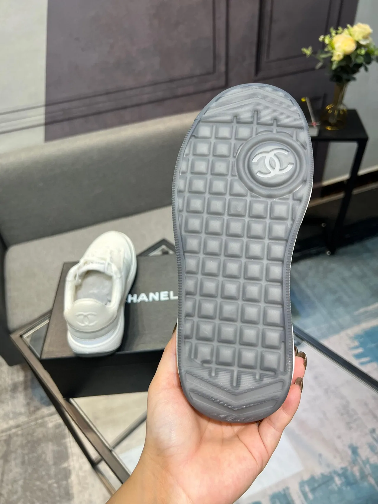 Chanel White Gray Low-Top Mixed-Material Lifestyle Sneakers