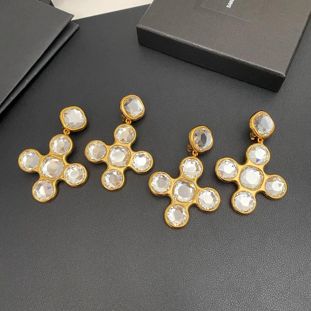Saint Laurent Crystal Cross Cluster Gold-Tone Earrings