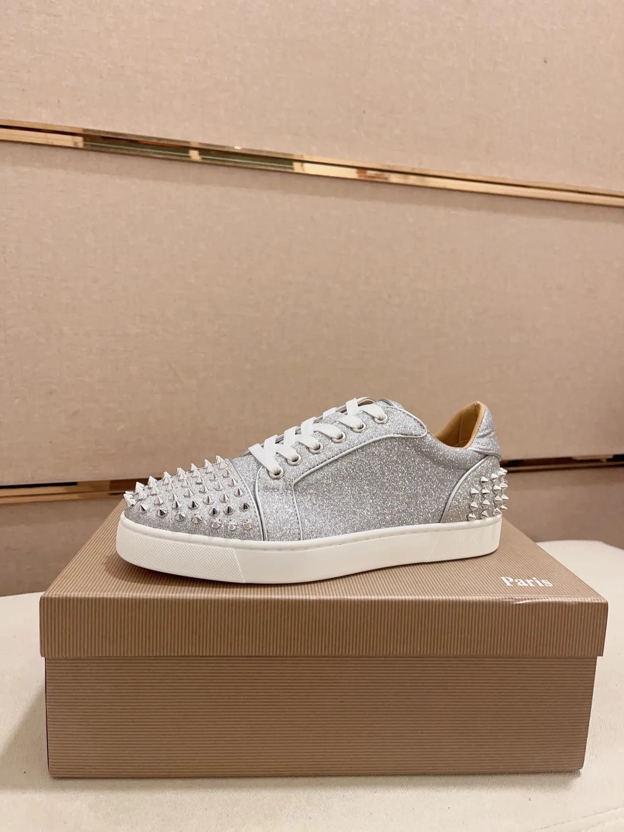 Christian Louboutin Studded Glitter Sneaker Silver White Upper Conical Studs Lifestyle Sneakers