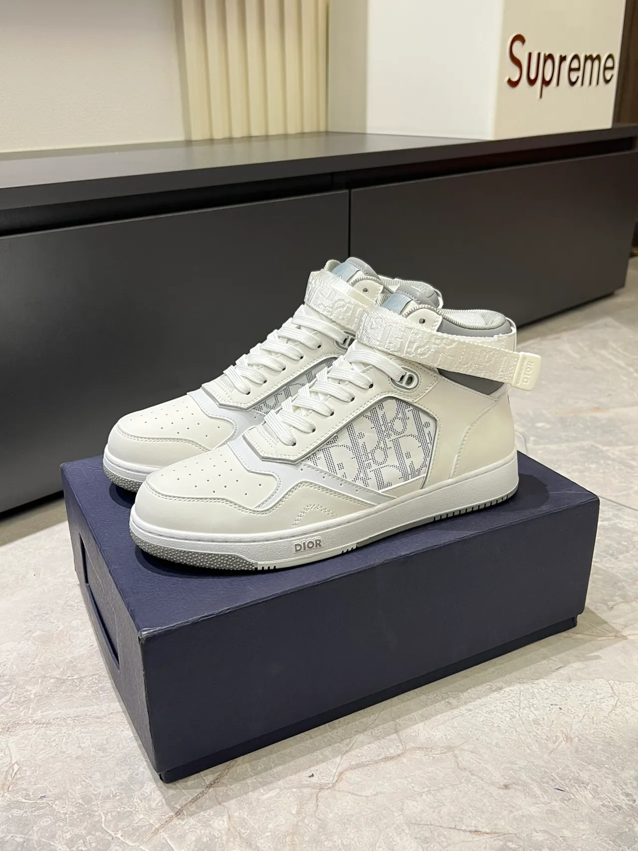 Dior White Gray High-Top Ankle-Strap Lifestyle Sneakers