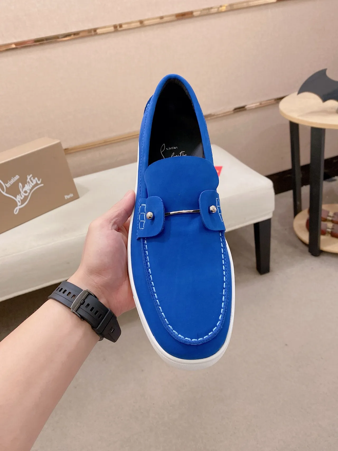 Blue White Suede-Like Upper Contrast Stitching Loafer