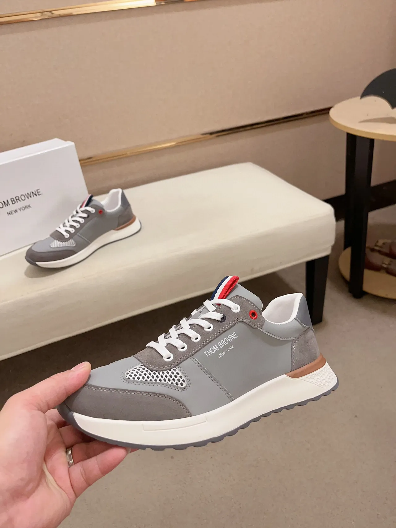 Thom Browne Gray White Mixed-Material Upper Mesh Ventilation Panel Sneakers
