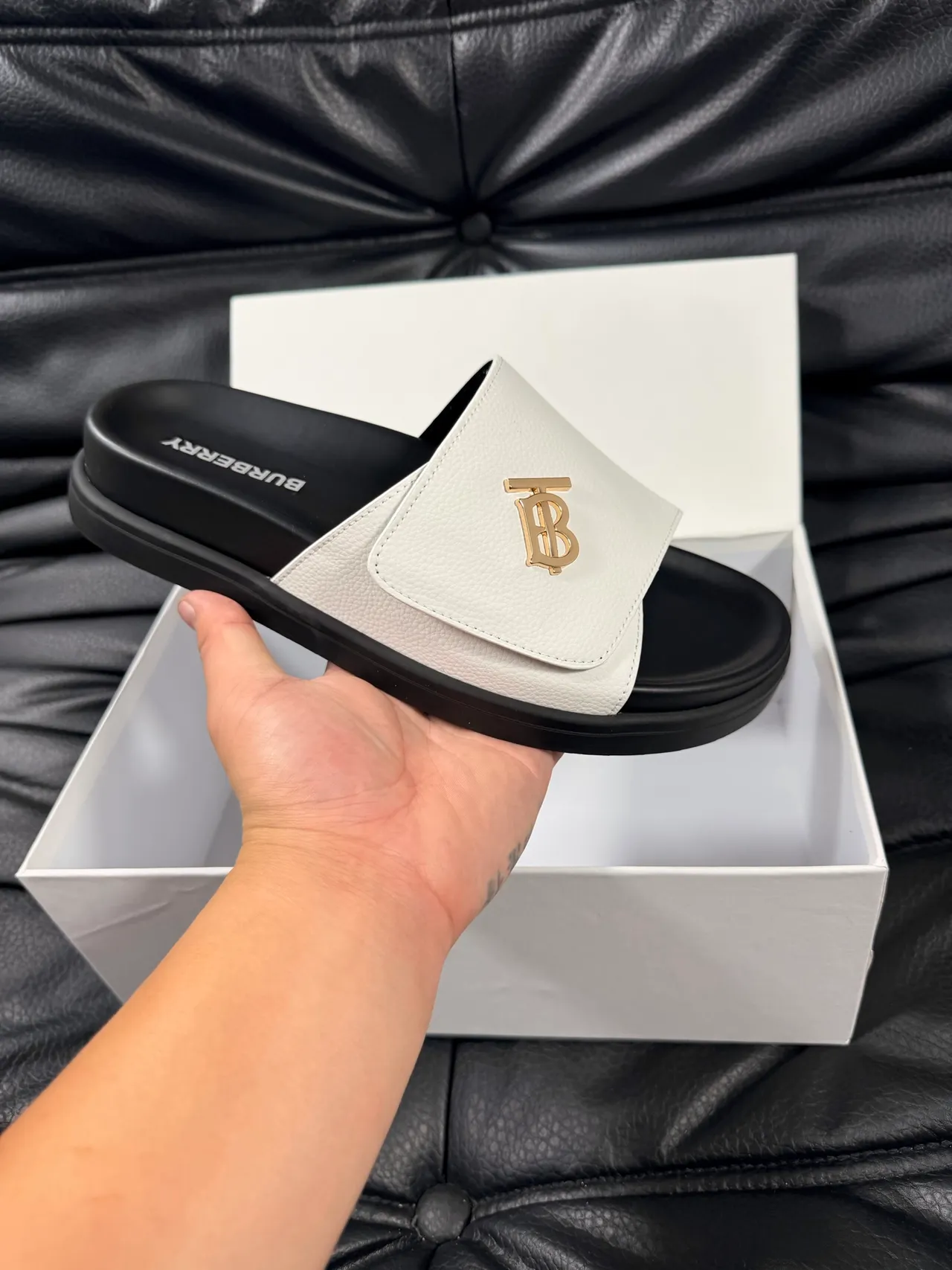 Burberry White and Black Monogram Slippers