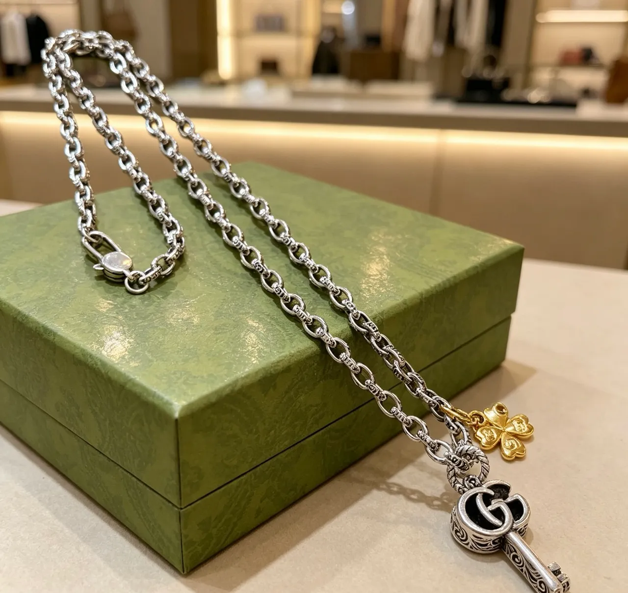 Gucci Silver Gold Oxidized Chain Engraved GG Key Pendant Necklace